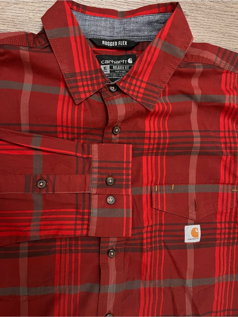 Carhartt Rugged Flex Red Plaid Men's Work Shirt Relaxed Fit XL Tall